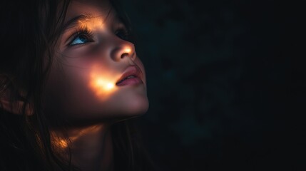 Naklejka premium Dramatic portrait of a young girl with light shining on her face, looking upwards in a dark, moody environment, space for text