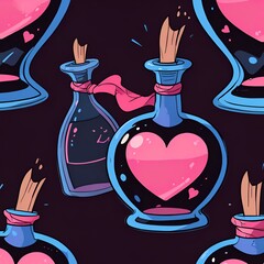 A series of bottles with hearts on them, one of which is broken