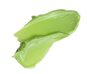 Swatch texture of green cream cray kaolin cosmetic mask for face and body on a white isolated background. Copy space