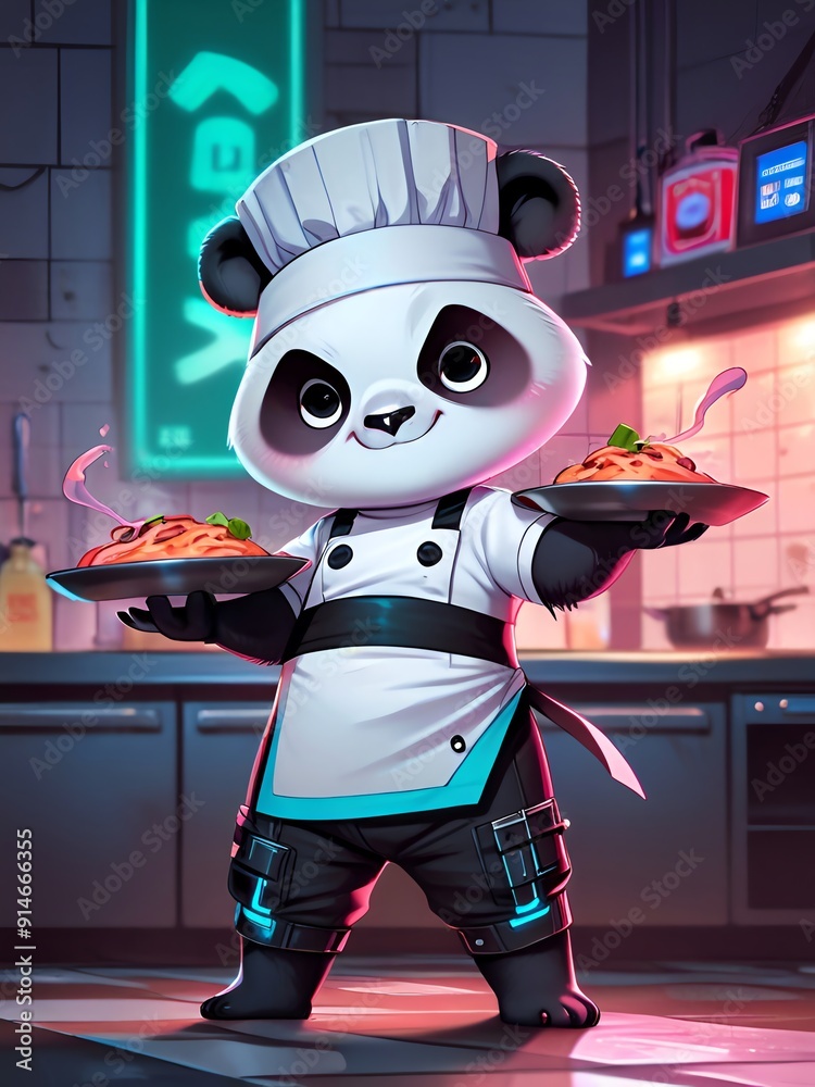 Sticker A cartoon panda chef is holding plates of food, including pasta