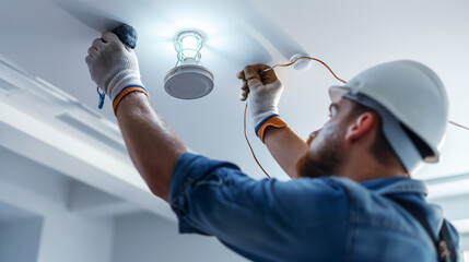 Professional Electrician Installing Ceiling Light Fixture – Safe and Reliable Electrical Services