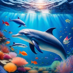 Fototapeta premium 広大な美しい海中でイルカと熱帯魚