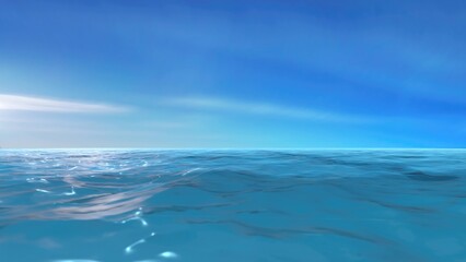 Landscape of winding animated blue ocean with sky and clouds