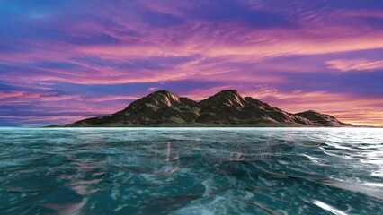 Fantastic mountain island at sunset and ocean background