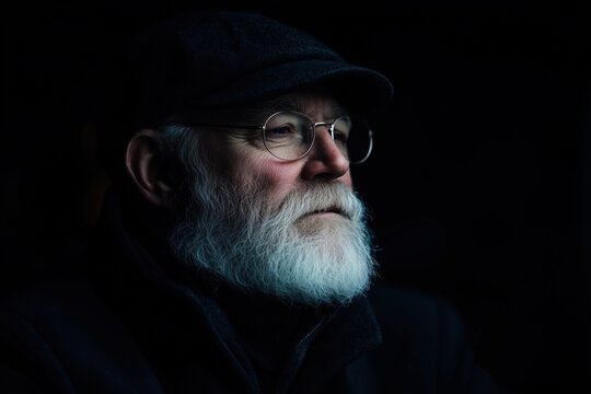 Thoughtful elderly man with a white beard, wearing a hat in low light.