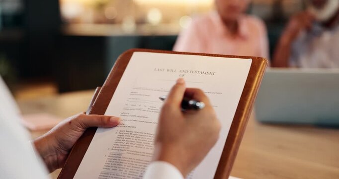Hands, reading and will of elderly couple for legal advice, estate planning and personal belonging for family inheritance. Lawyer, man and woman with counsel for asset distribution and testament.