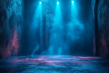 Naklejka premium Blue light background, glowing and shining blue lights on the dark floor. Dark room with empty stage for product presentation