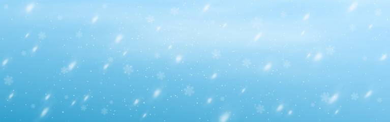 Winter background. Snow on blue texture. Flying snowflakes effect. Snowfall wallpaper. Christmas holiday weather. Falling white flakes. Snowy poster template. Vector illustration.