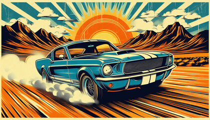 Retro poster in Grunge Comic style of a classic mustang muscle car in blue color. Generative AI.