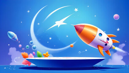 colorful cartoon rocket ship blasting off into a blue sky with stars 3