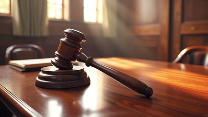 wooden gavel interior Empty courtroom advertisement template, space for text, law jury judgment final concept with soft blurred advertisement banner, copyspace,AI