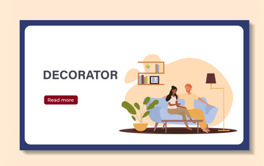 Interior designer poster. Man and woman sitting on sofa. Comfortable and convenient apartment. Beautiful furniture in home room. Flat vector illustration isolated on beige background
