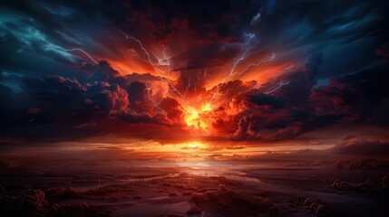 Atmospheric event with dramatic skies and lightning bolts, creating a visually stunning scene, Realism, Dark hues, Digital painting