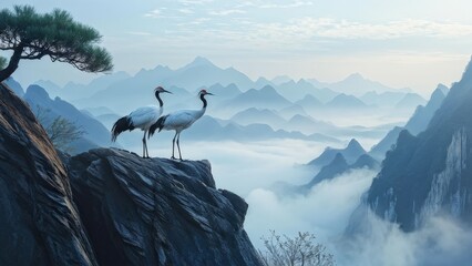 A serene landscape featuring two cranes standing on a rocky outcrop, gazing at each other.