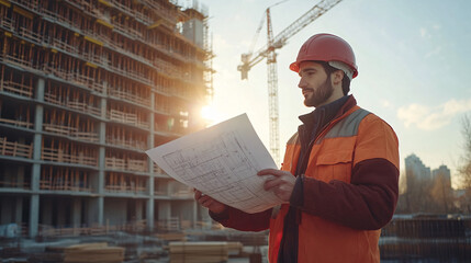 An engineer focused on blueprints, surrounded by a construction site with cranes and unfinished buildings, during sunset

