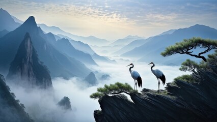 A serene landscape featuring two cranes standing on a rocky outcrop, gazing at each other.