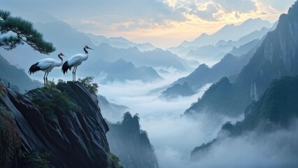 A serene landscape featuring two cranes standing on a rocky outcrop, gazing at each other.