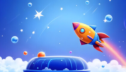 Fototapeta premium colorful cartoon rocket ship blasting off into a blue sky with stars 23