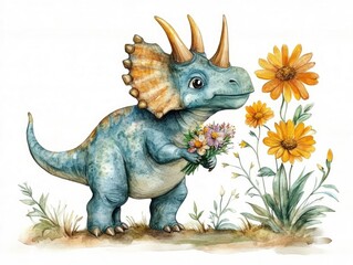 Charming and playful watercolor of a triceratops dinosaur holding a vibrant flower bouquet isolated on a clean white background  This whimsical and adorable digital artwork has a vintage