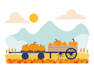 Caramel,
Cheerful,
Childhood,
Christmas,
Circle,
Harvest, wagon with pumpkin. Agricultural autumn work. Flat isolated illustration
