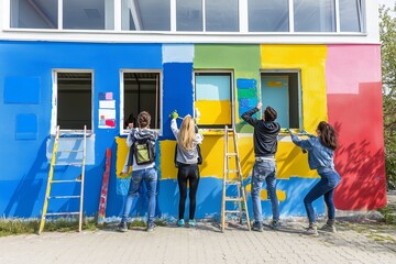 Community Volunteers Colorfully Painting Exterior Walls of a Local Community Center During Spring Weekend