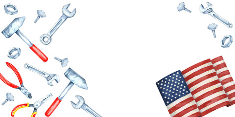 Obraz premium Labor Day banner with an American flag surrounded by tools including pliers, wrenches, hammers, and bolts in red and blue. Watercolor clipart with copy space, perfect for text overlays in event flyers