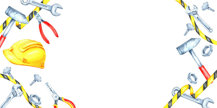 Labor Day watercolor banner features a yellow safety helmet, various tools including wrenches, hammers, and caution tape. Clipart with space for text for invitations and promotional content - Powered by Adobe