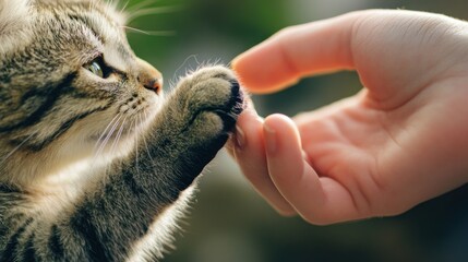 A hand is holding a cat's paw.