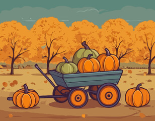 Caramel,
Cheerful,
Childhood,
Christmas,
Circle,
Harvest, wagon with pumpkin. Agricultural autumn work. Flat isolated illustration
