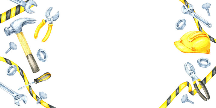 Labor Day watercolor banner with yellow safety helmet, surrounded by tools like wrenches, hammers, and caution tape. Clipart allows for easy text overlay for promotional materials, sale, event flyers