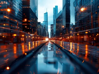 Fototapeta premium Financial hub with a mix of modern architecture and busy streets, illustrating the heart of economic activity, Realism, Cool tones, Photography