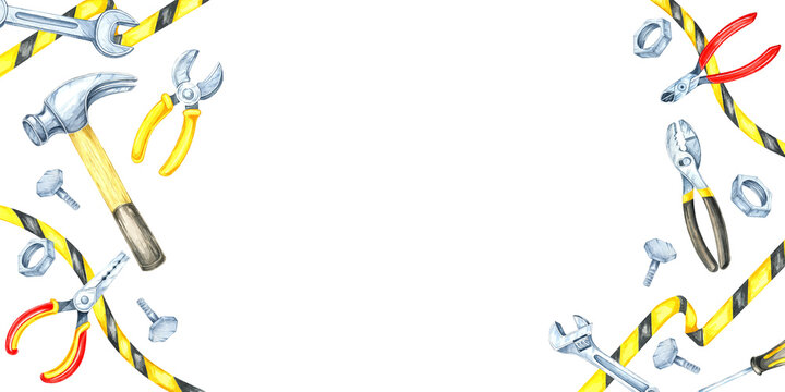 Labor Day watercolor banner with caution tape, yellow safety helmet, and various tools including hammers and wrenches. Clipart is perfect for text placement for event flyers, promotional materials