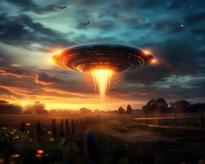 Flying saucer hovering over a rural landscape, capturing an otherworldly scene, Scifi, Cool tones, Digital painting