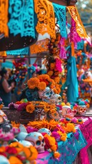 Fototapeta premium A lively market showcases sugar skulls and marigold flowers during the Day of the Dead celebration