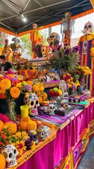 Fototapeta premium Celebrants create a colorful altar with marigolds, sugar skulls, and pumpkins for the Day of the Dead celebration
