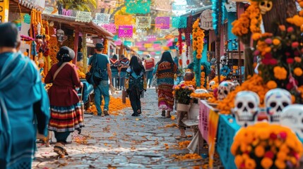 Obraz premium Visitors explore a lively market adorned with flowers and decorations for the Day of the Dead celebration
