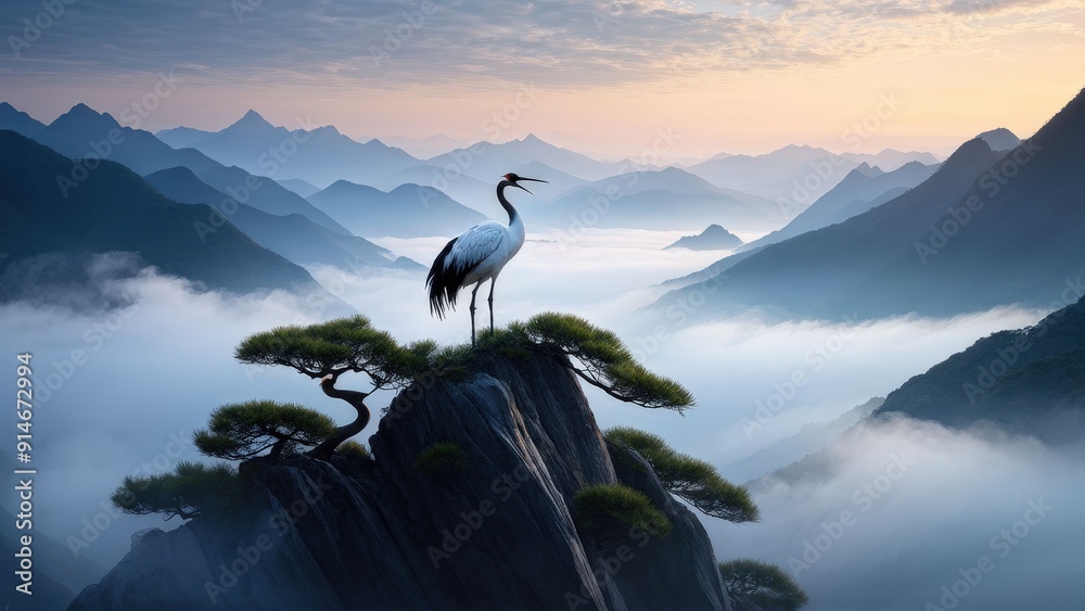 Wall mural A serene landscape featuring two cranes standing on a rocky outcrop, gazing at each other.