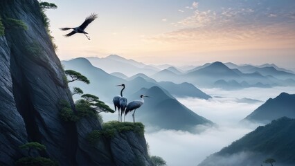A serene landscape featuring two cranes standing on a rocky outcrop, gazing at each other.