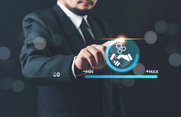 Trusted partner. Trustworthy collaboration, company or contract. Confidence to work together. Businessman turning knob to highest trust levels. Build trust in business and finance relationships.