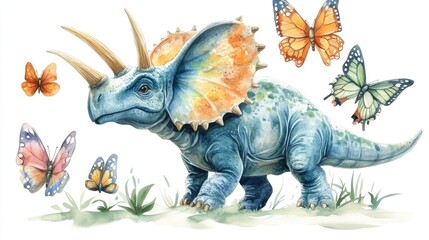 Whimsical Watercolor of a Playful Triceratops Dinosaur Interacting with Colorful Butterflies on a White Background Evoking a Sense of Childlike Wonder and Imagination