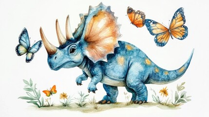 Fototapeta premium Whimsical watercolor of a playful triceratops dinosaur curiously interacting with vibrant butterflies in a lush colorful setting The prehistoric creature appears captivated by the delicate insects