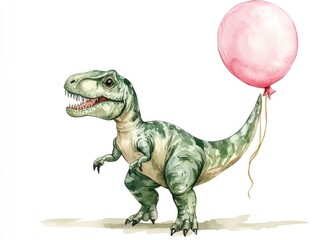 Fototapeta premium Whimsical Watercolor of a Playful Tyrannosaurus Rex Dinosaur with a Colorful Balloon Isolated on a Clean White Background