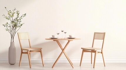 Modern minimalistic dining setup featuring a wooden table, two chairs, and a decorative vase against a neutral wall.