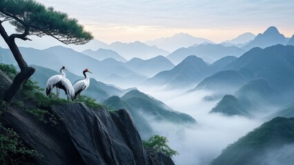 Fototapeta premium A serene landscape featuring two cranes standing on a rocky outcrop, gazing at each other.