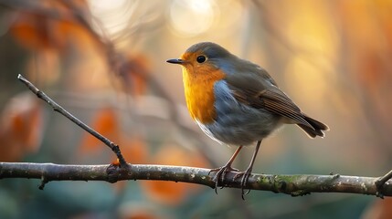 Robin Perched on a Branch in Autumnal Sunlight