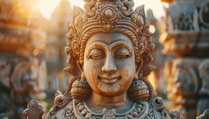Close-up of a Carved Wooden Statue in Bali