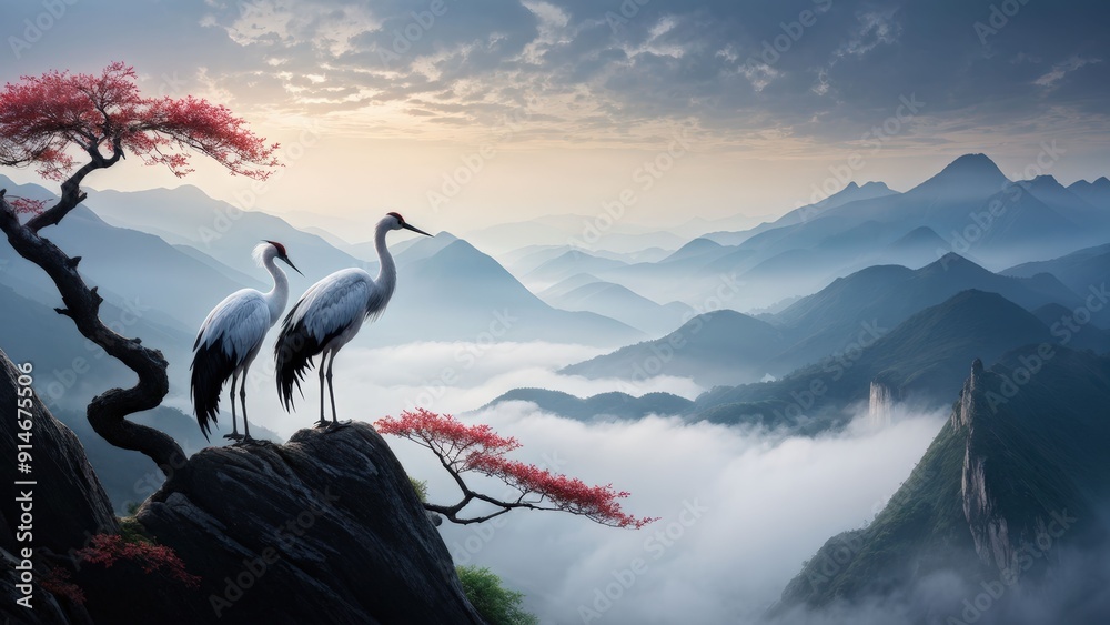 Canvas Prints A serene landscape featuring two cranes standing on a rocky outcrop, gazing at each other.