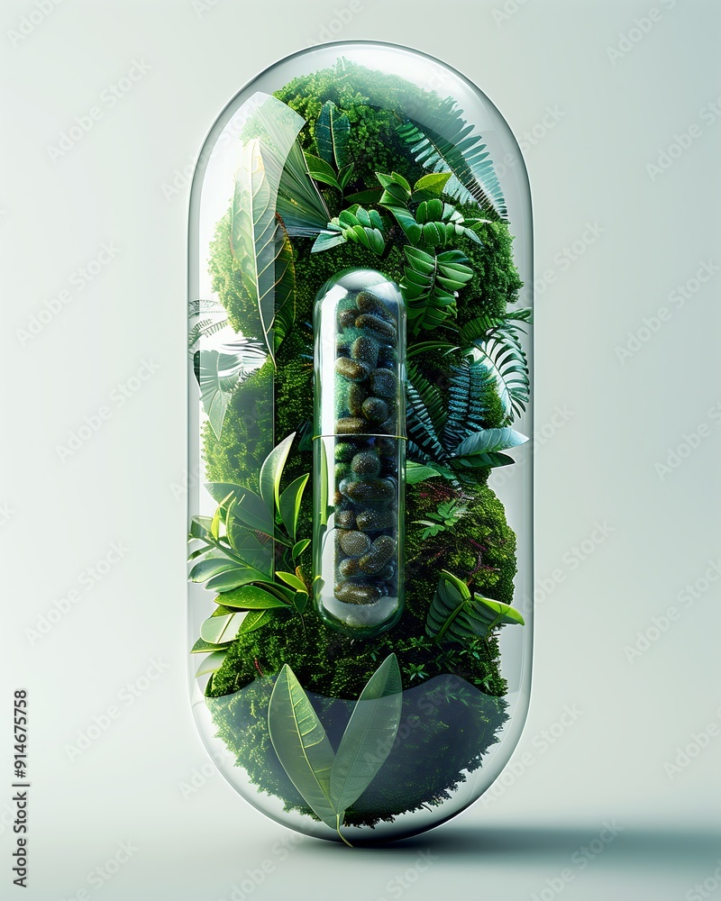 Wall mural Capsule Filled with Green Plants and Herbal Supplements