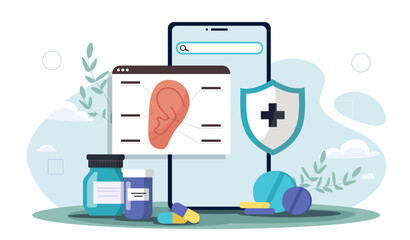 Otorhinolaryngologist online concept. Health care and medicine. Diagnosis and treatment. Doctors consultation on internet, telemedicine. Flat vector illustration isolated on white background