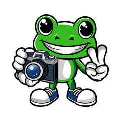 a frog holding a camera with a camera and a picture of a frog.